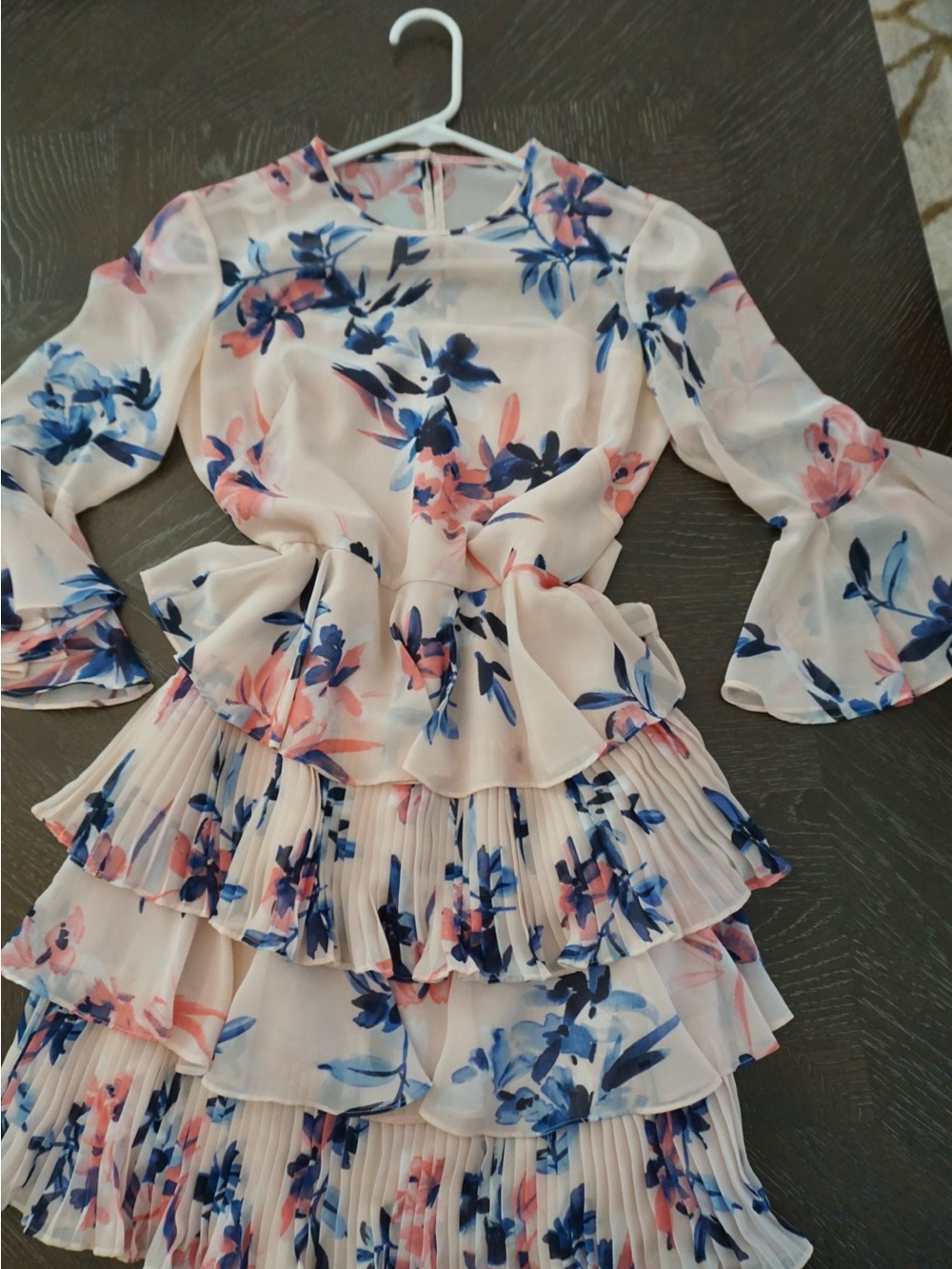 Eliza J Cream Floral Ruffle Tiered Dress with Blue and Pink Print